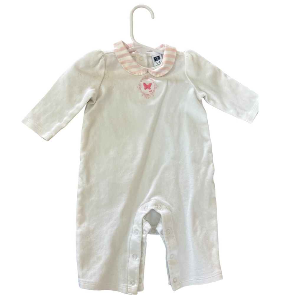 Janie and Jack Baby Girls White Pink Butterfly Peter Pan Collar Romper 6-12M